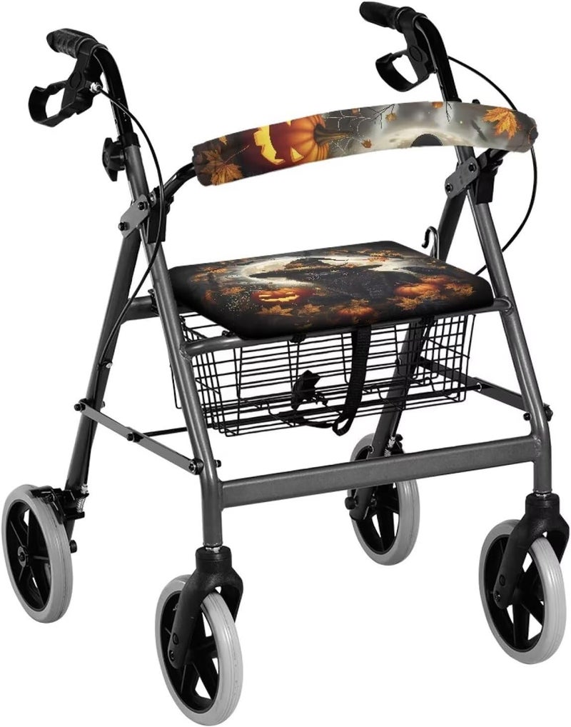 Rnyleeg Walker Seat Covers Universal Rollator Gothic Walker Seat and Backrest Covers Black Cat Pumpkin Design Rollator Walker Accessories for Seniors - Image 1